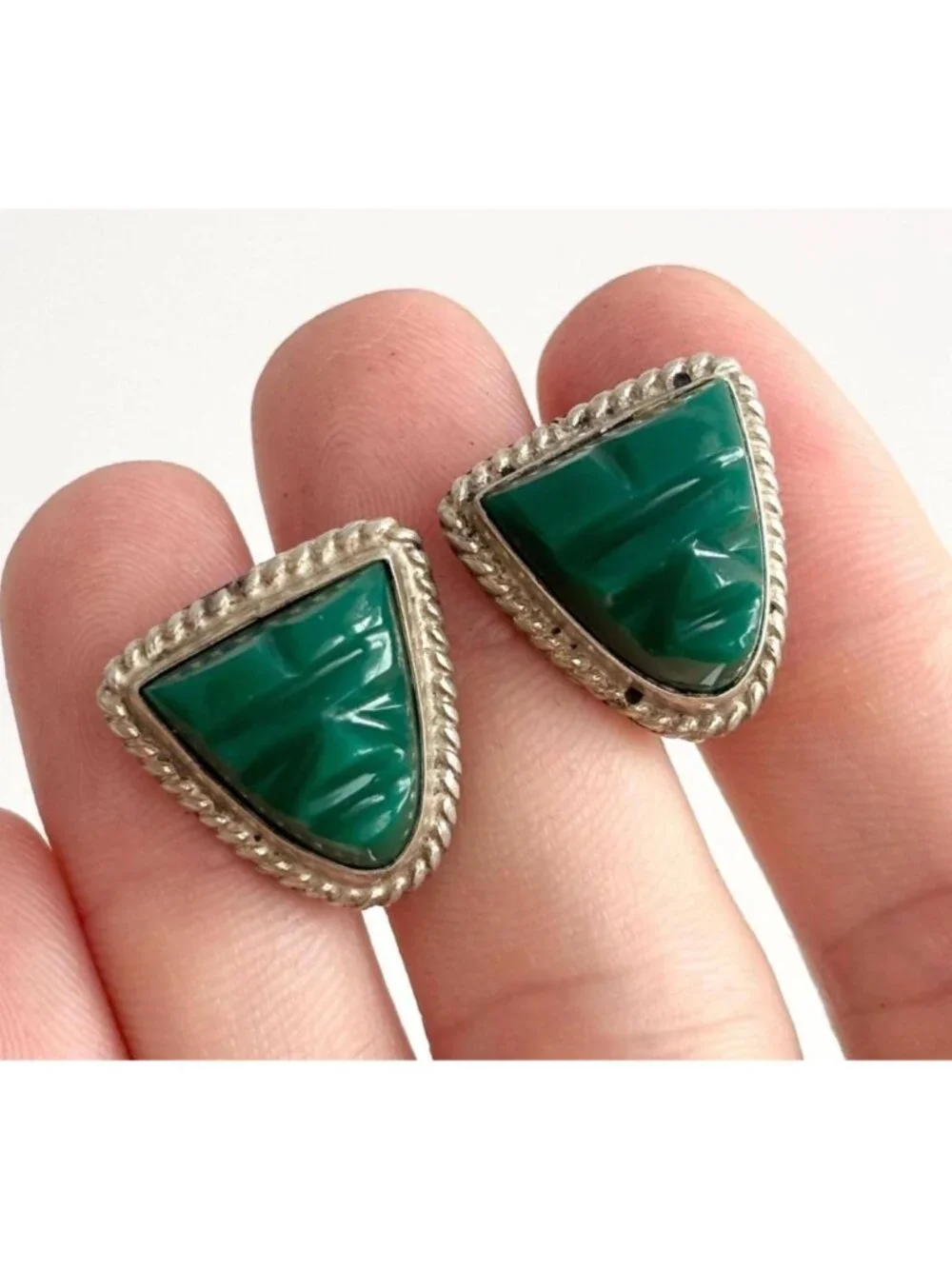 Green Onyx Gemstone Mask Taxco, Mexico Sterling Silver 925 Men's Cufflinks